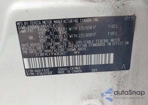 2015 Toyota Rav4 Xle z USA, uszkodzony, nr VIN 2T3RFREV1FW363927